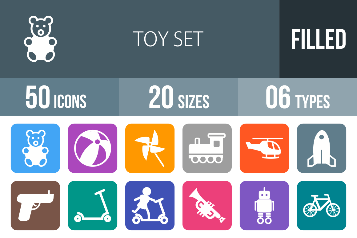 50 Toy Set Flat Round Corner Icons - Overview - IconBunny