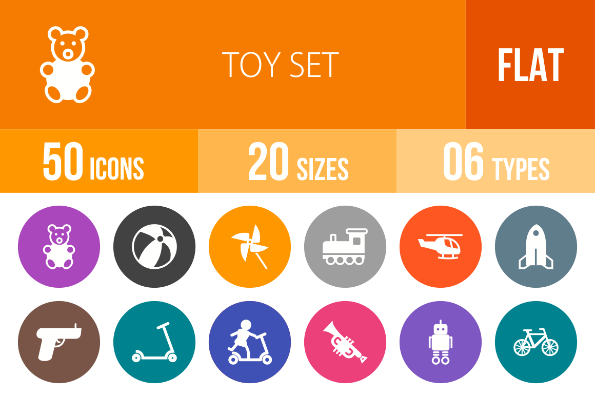 50 Toy Set Flat Round Icons - Overview - IconBunny