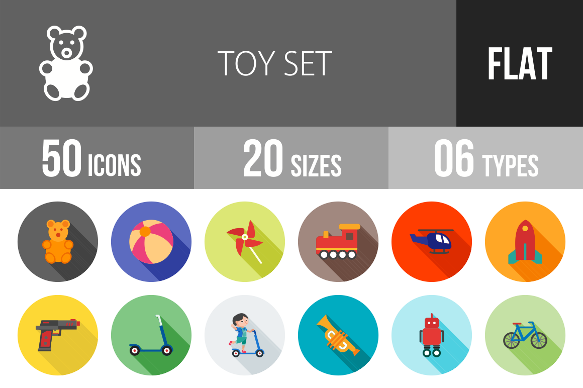 50 Toy Set Flat Shadowed Icons - Overview - IconBunny