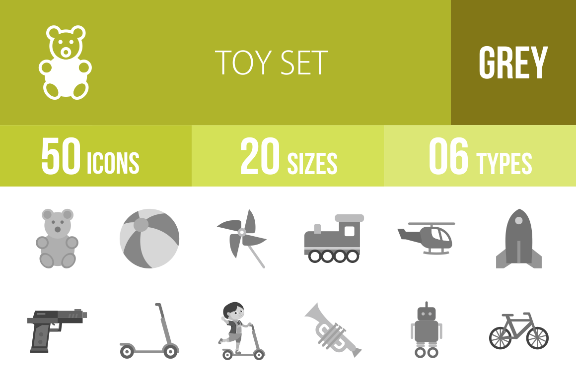 50 Toy Set Greyscale Icons - Overview - IconBunny