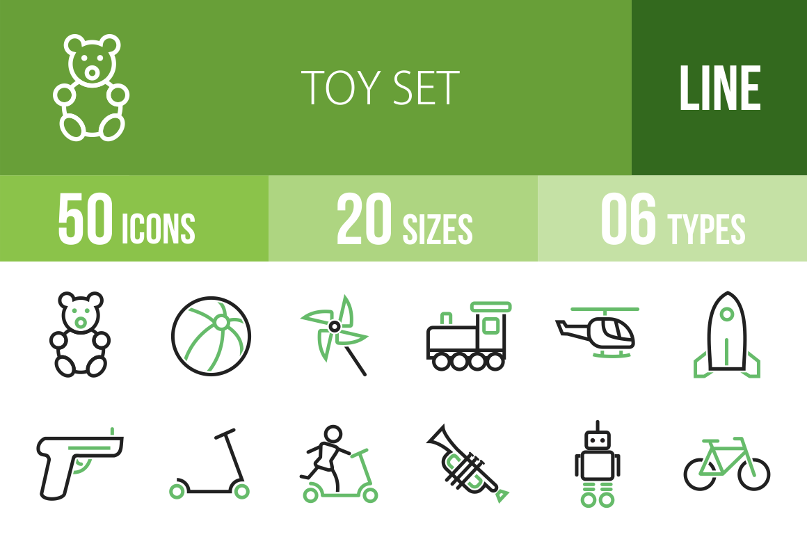 50 Toy Set Line Green & Black Icons - Overview - IconBunny
