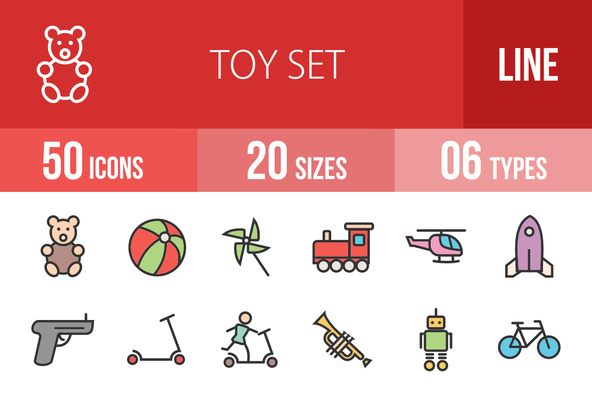 50 Toy Set Line Multicolor Filled Icons - Overview - IconBunny