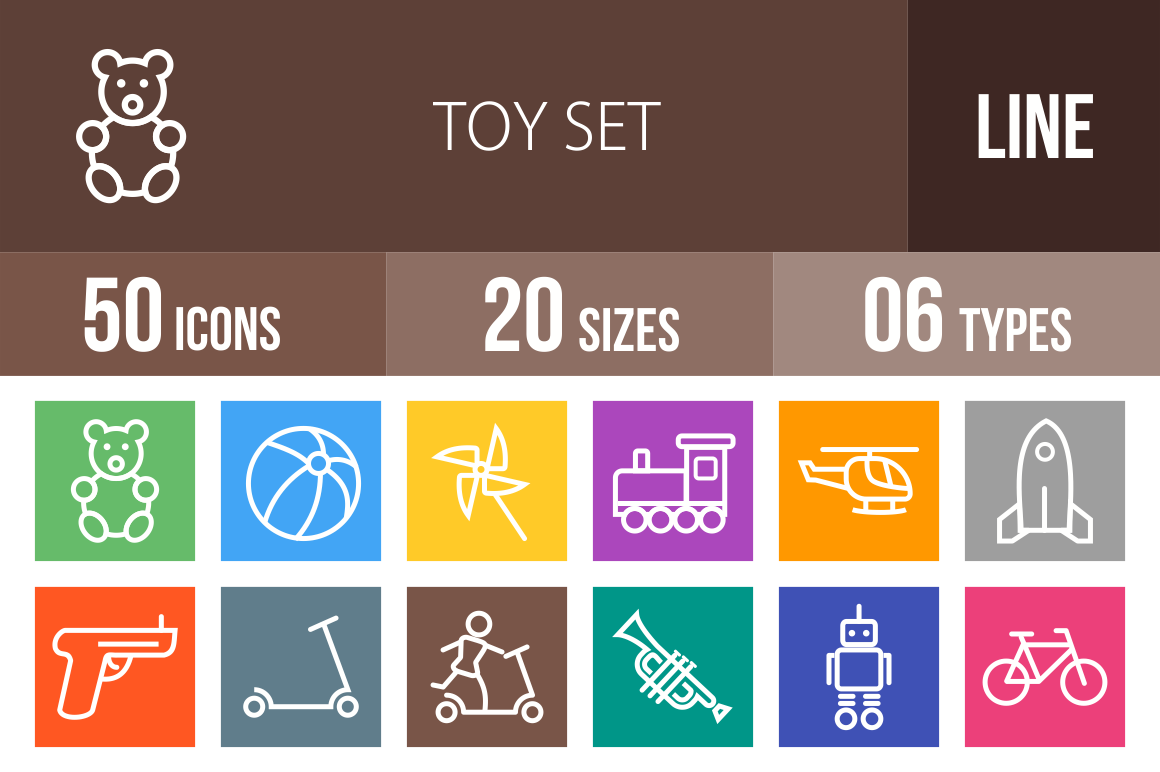 50 Toy Set Line Multicolor B/G Icons - Overview - IconBunny