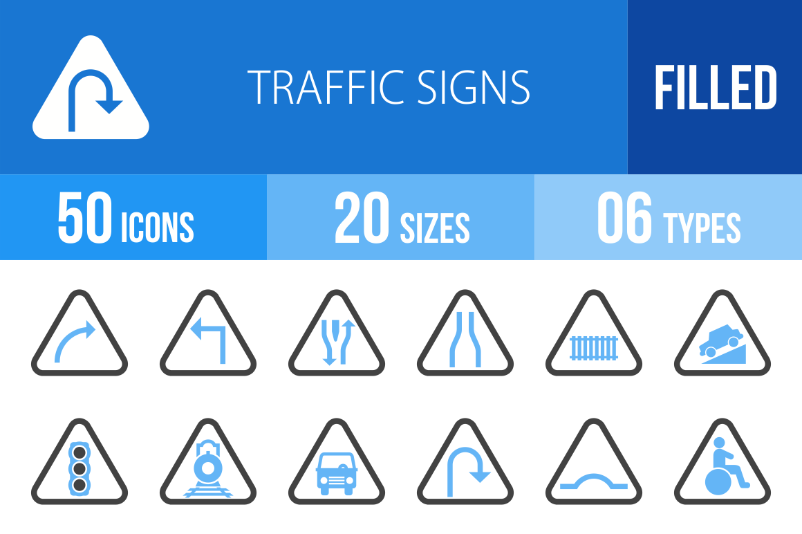50 Traffic Signs Blue & Black Icons - Overview - IconBunny