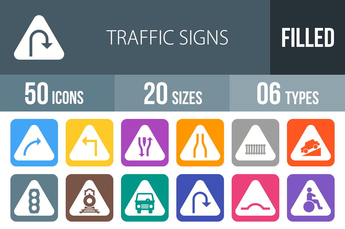 50 Traffic Signs Flat Round Corner Icons - Overview - IconBunny