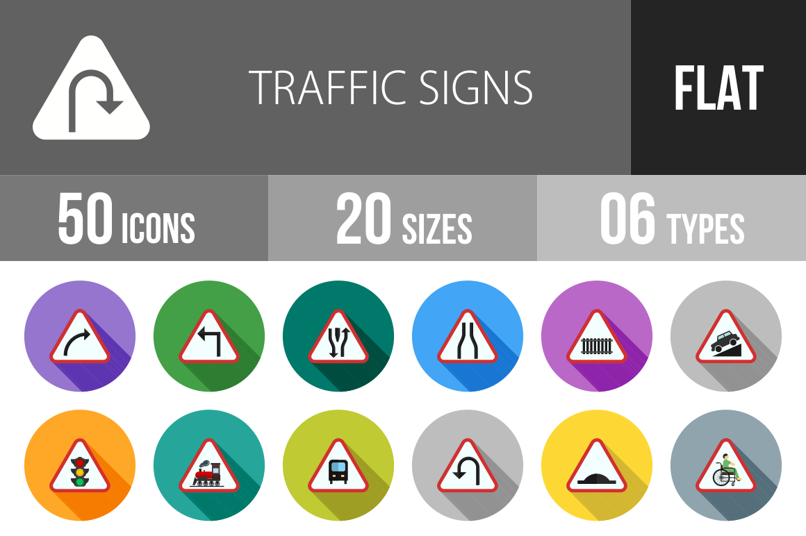 50 Traffic Signs Flat Shadowed Icons - Overview - IconBunny