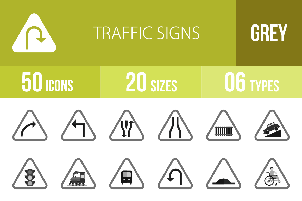 50 Traffic Signs Greyscale Icons - Overview - IconBunny