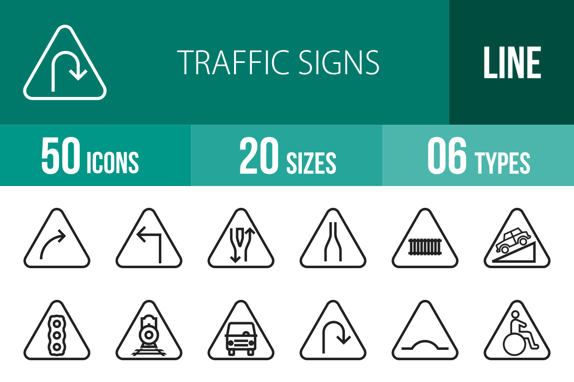 50 Traffic Signs Line Icons - Overview - IconBunny