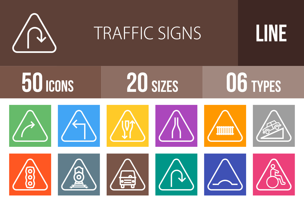 50 Traffic Signs Line Multicolor B/G Icons - Overview - IconBunny