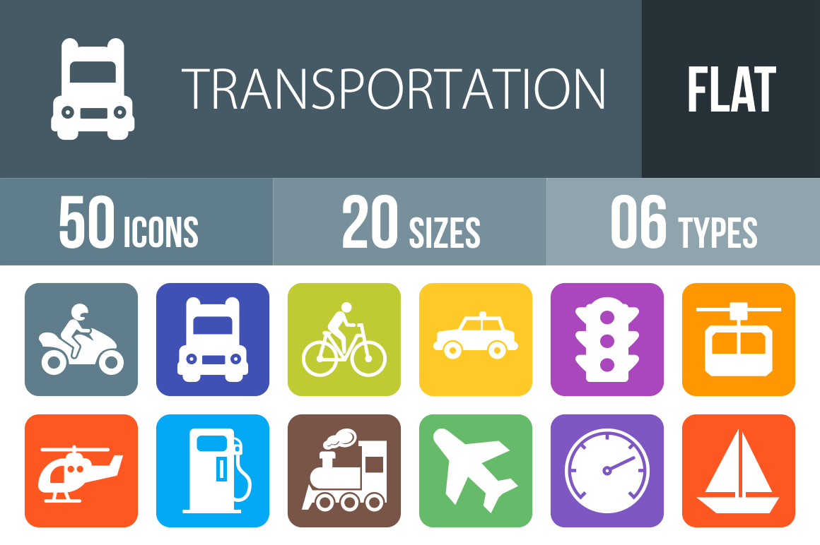 50 Transportation Flat Round Corner Icons - Overview - IconBunny