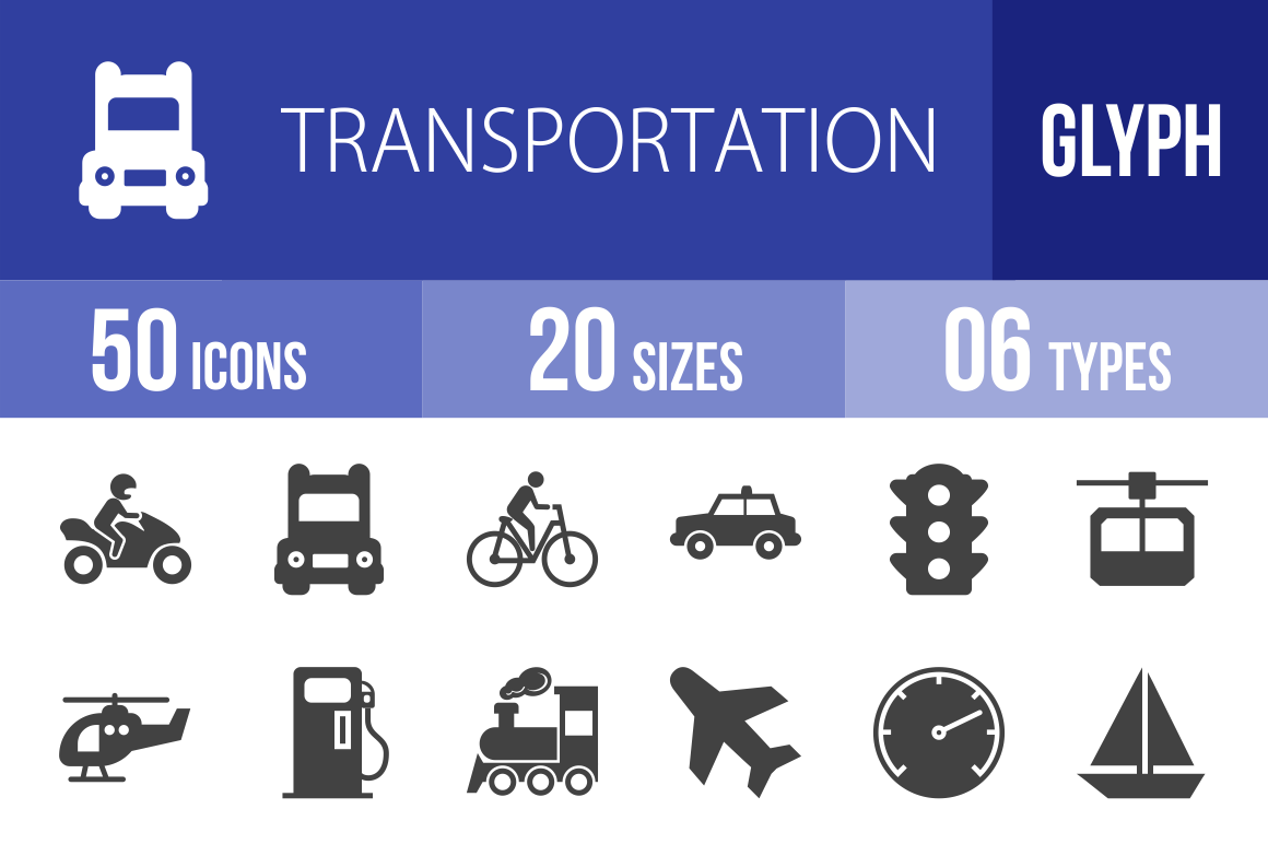 50 Transportation Glyph Icons - Overview - IconBunny