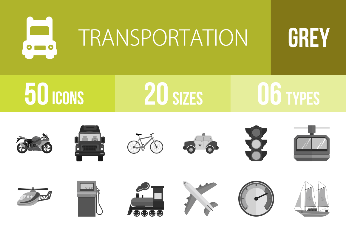 50 Transportation Greyscale Icons - Overview - IconBunny