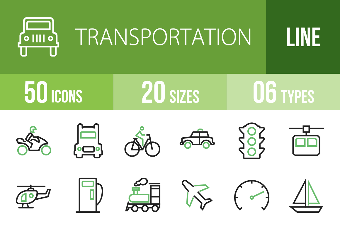 50 Transportation Line Green & Black Icons - Overview - IconBunny
