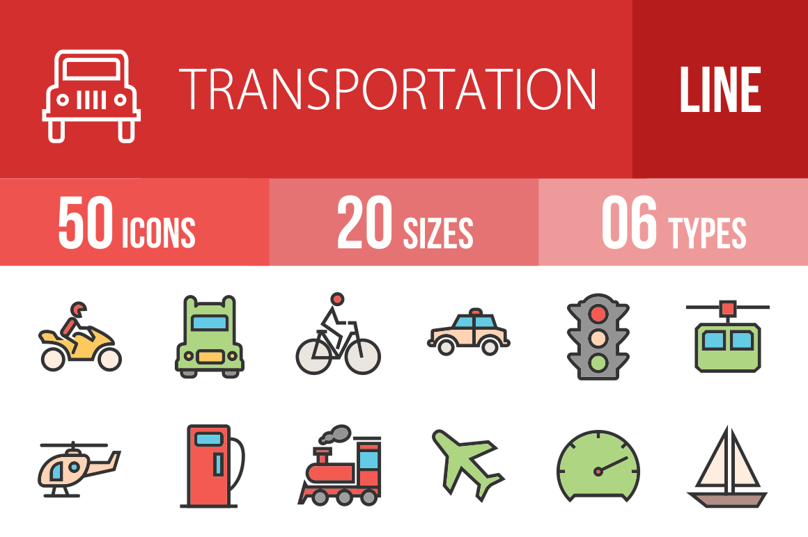 50 Transportation Line Multicolor Filled Icons - Overview - IconBunny