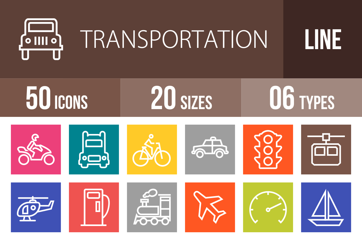 50 Transportation Line Multicolor B/G Icons - Overview - IconBunny