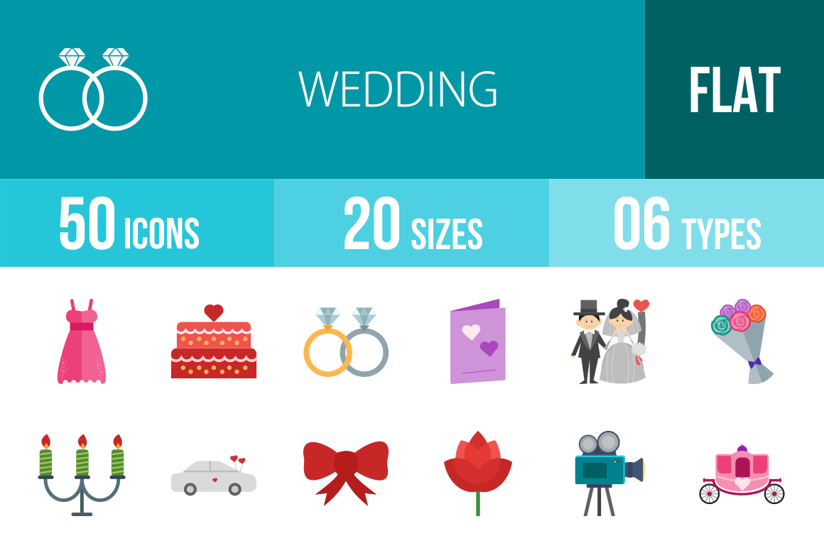 50 Wedding Flat Multicolor Icons - Overview - IconBunny