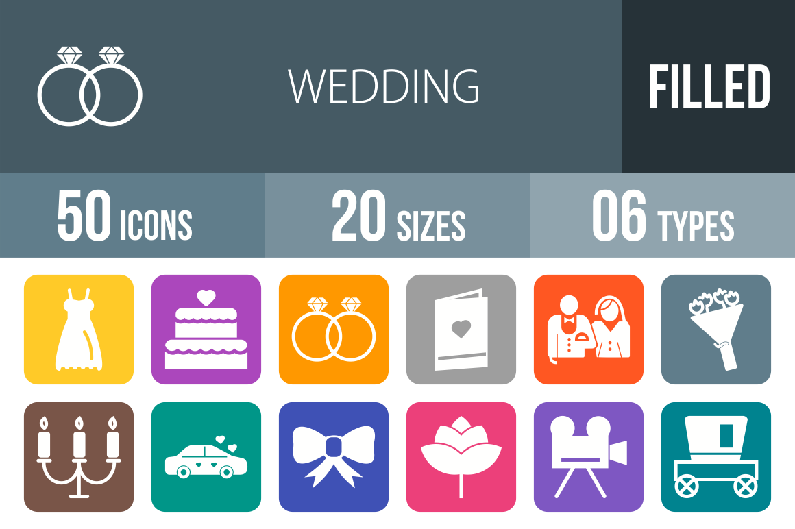 50 Wedding Flat Round Corner Icons - Overview - IconBunny