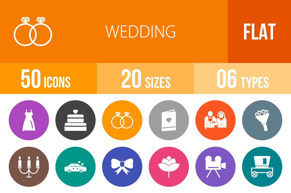 50 Wedding Flat Round Icons - Overview - IconBunny