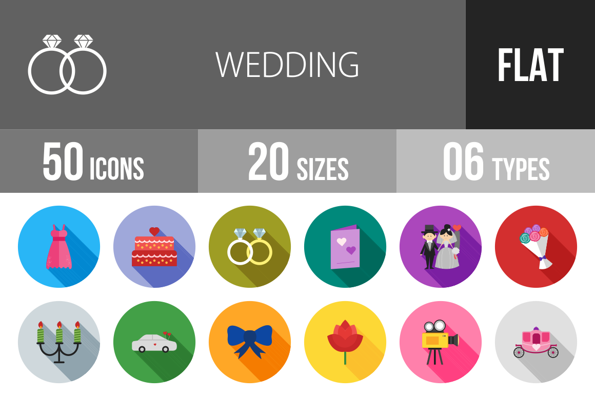 50 Wedding Flat Shadowed Icons - Overview - IconBunny