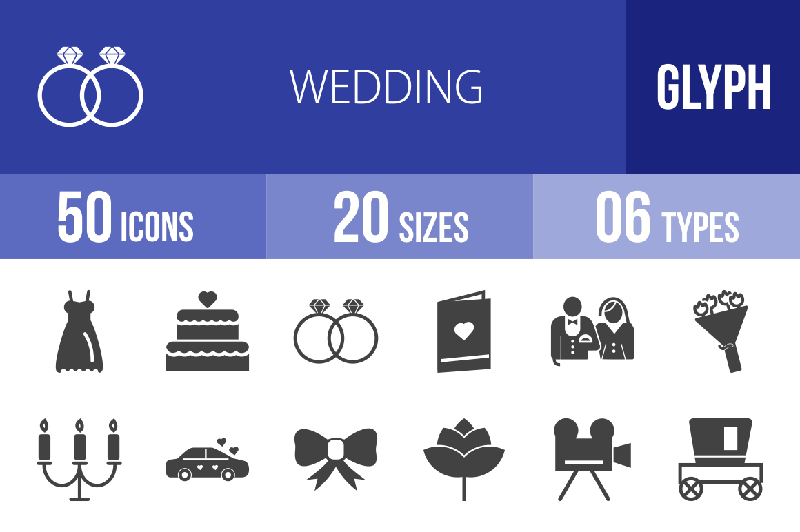 50 Wedding Glyph Icons - Overview - IconBunny