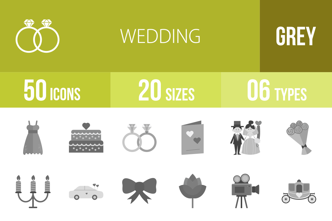 50 Wedding Greyscale Icons - Overview - IconBunny