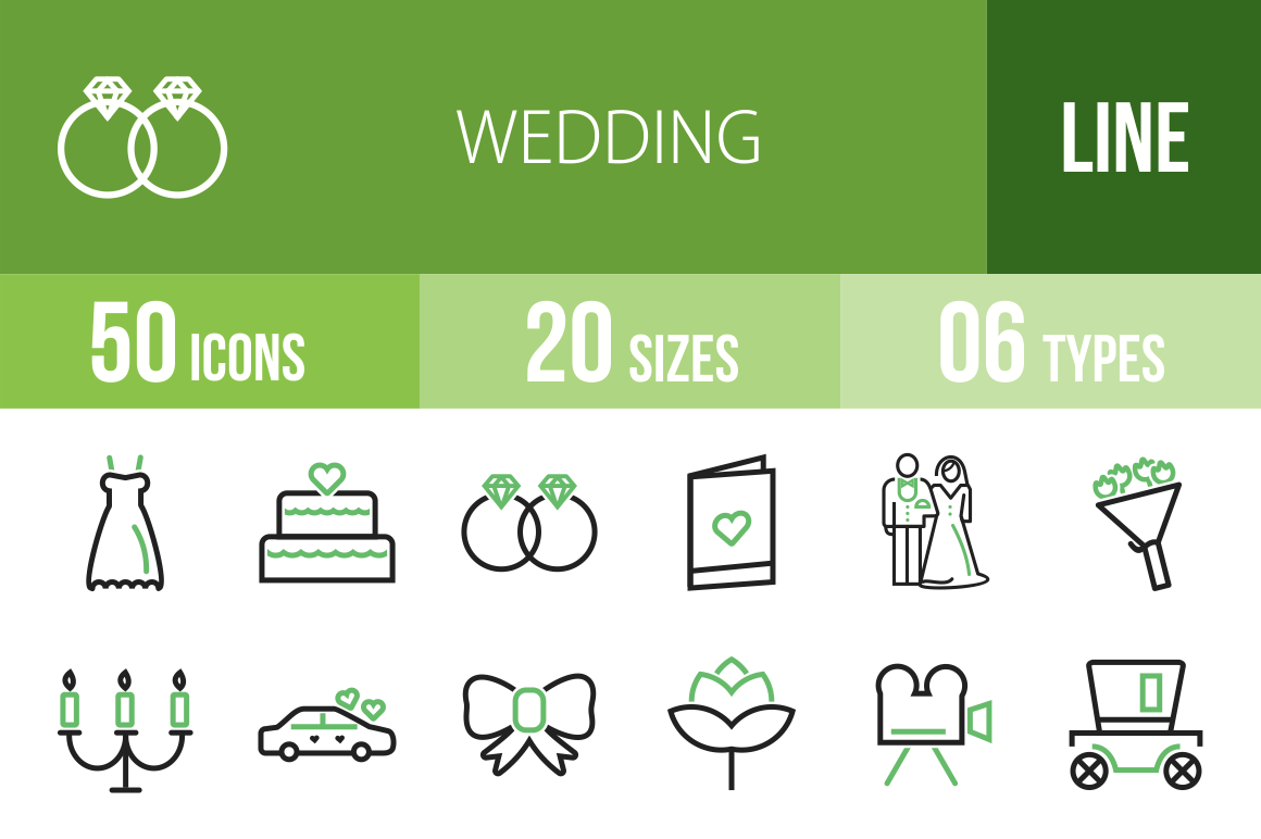 50 Wedding Line Green & Black Icons - Overview - IconBunny