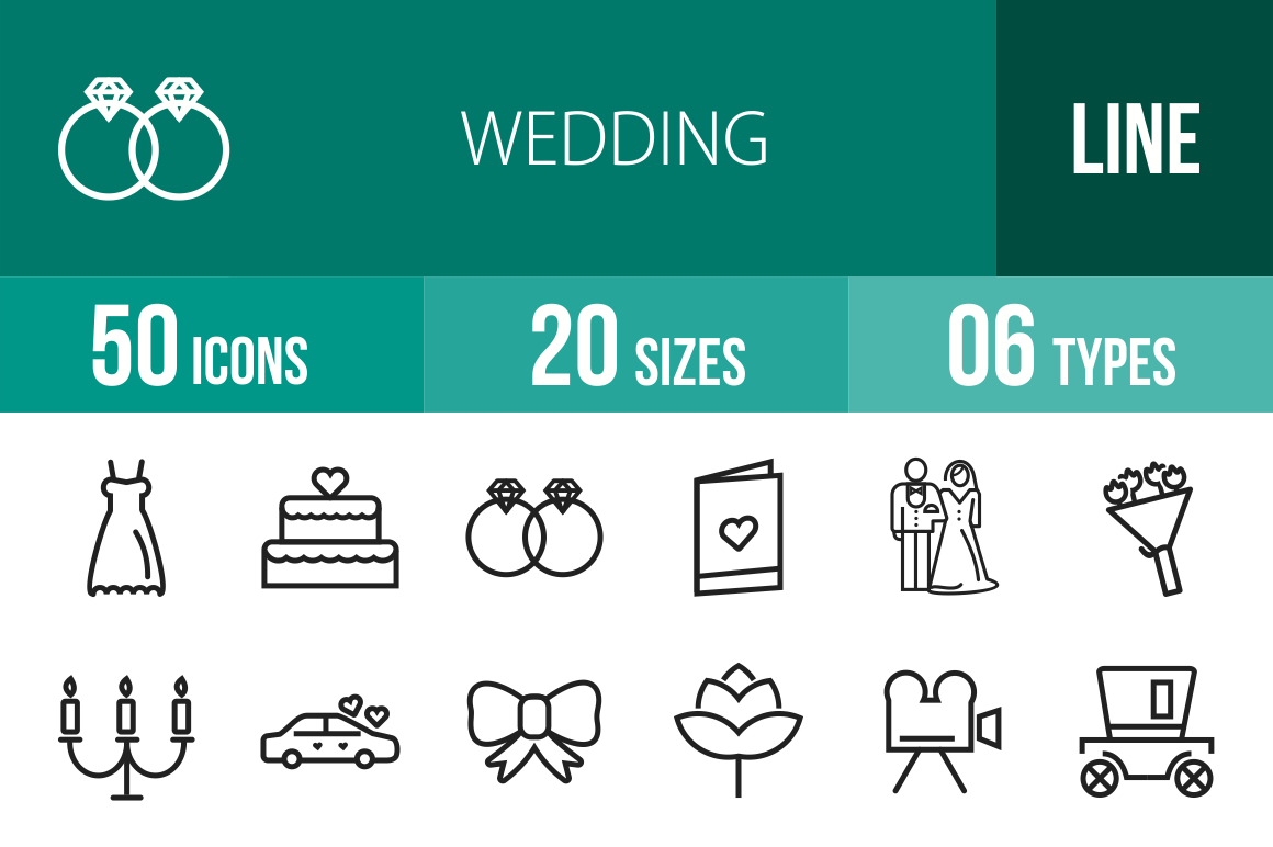 50 Wedding Line Icons - Overview - IconBunny
