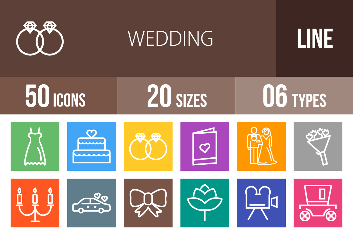 50 Wedding Line Multicolor B/G Icons - Overview - IconBunny