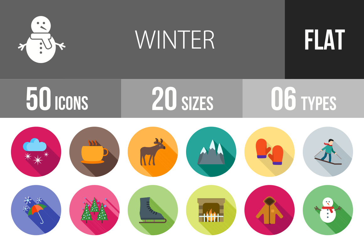 50 Winter Flat Shadowed Icons - Overview - IconBunny
