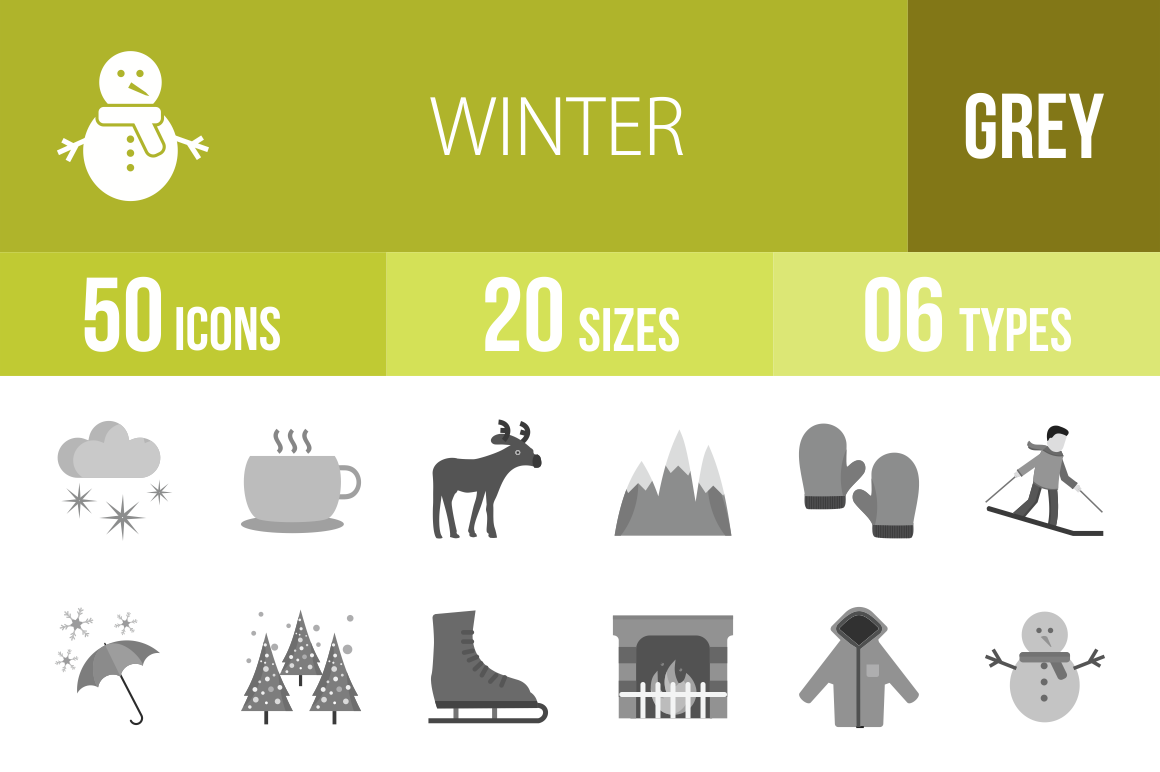 50 Winter Greyscale Icons - Overview - IconBunny
