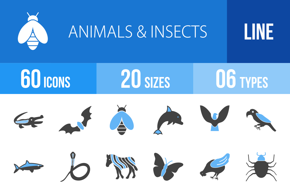60 Animals & Insects Blue & Black Icons - Overview - IconBunny
