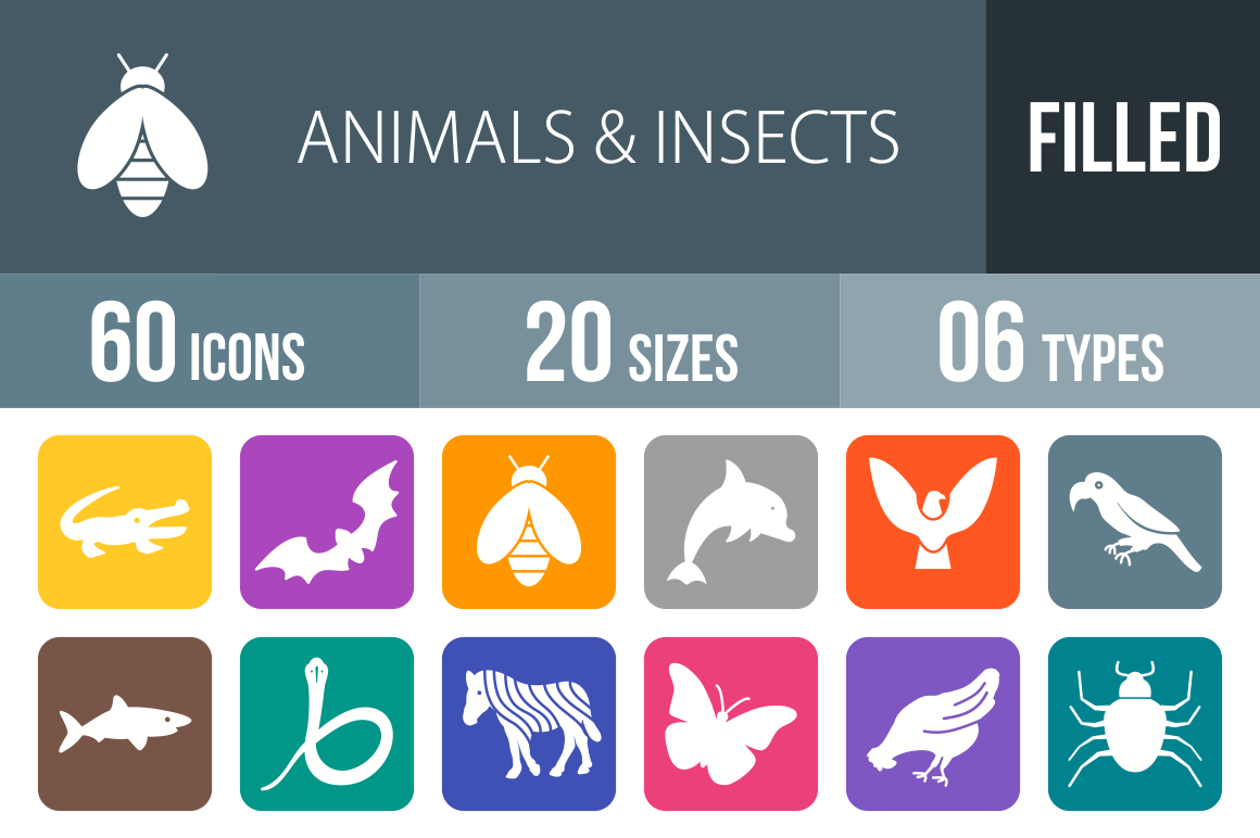 60 Animals & Insects Flat Round Corner Icons - Overview - IconBunny