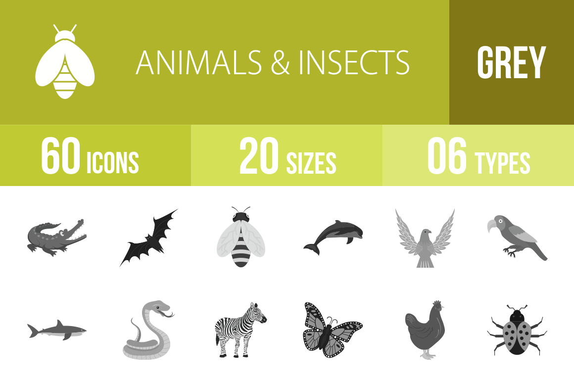 60 Animals & Insects Greyscale Icons - Overview - IconBunny