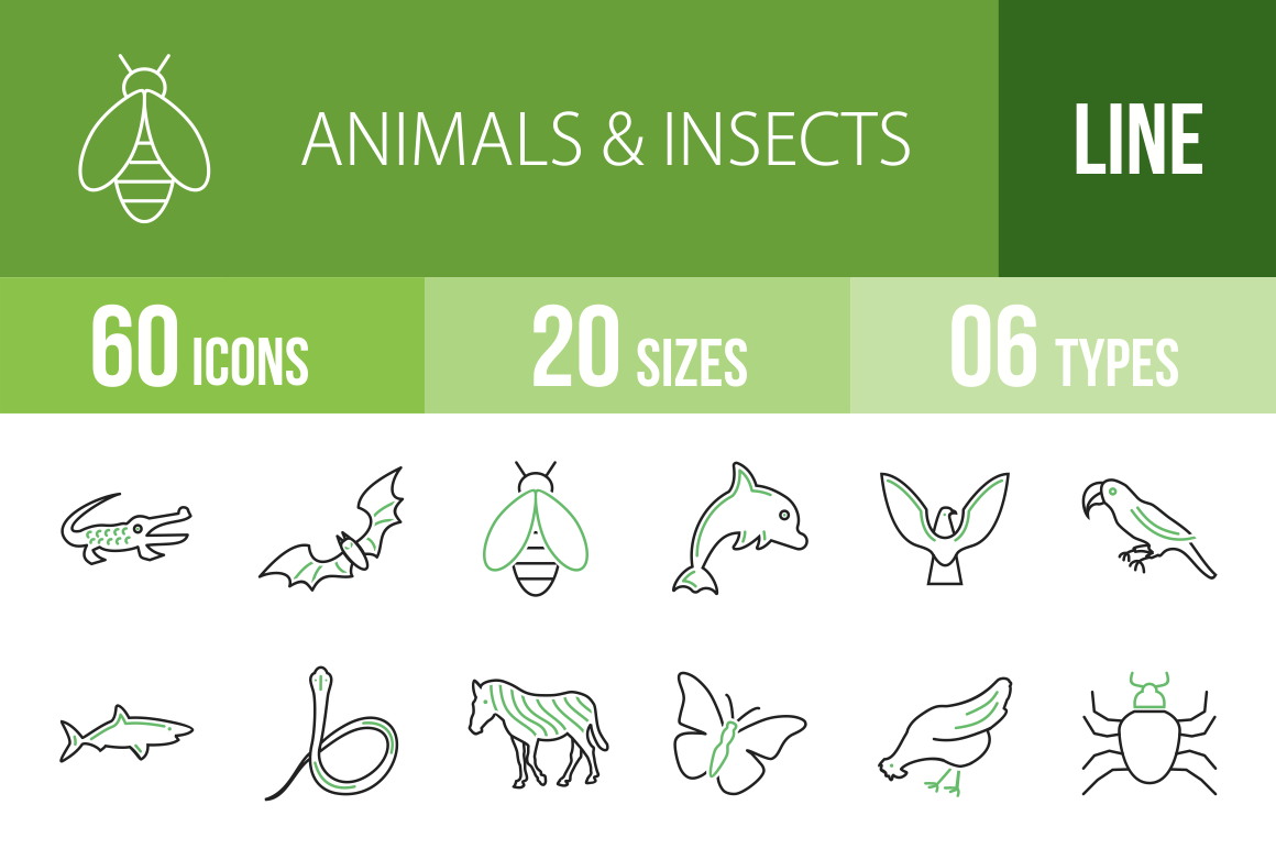 60 Animals & Insects Line Green & Black Icons - Overview - IconBunny