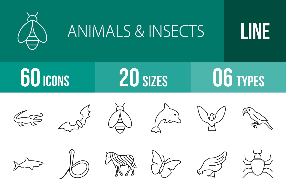 60 Animals & Insects Line Icons - Overview - IconBunny