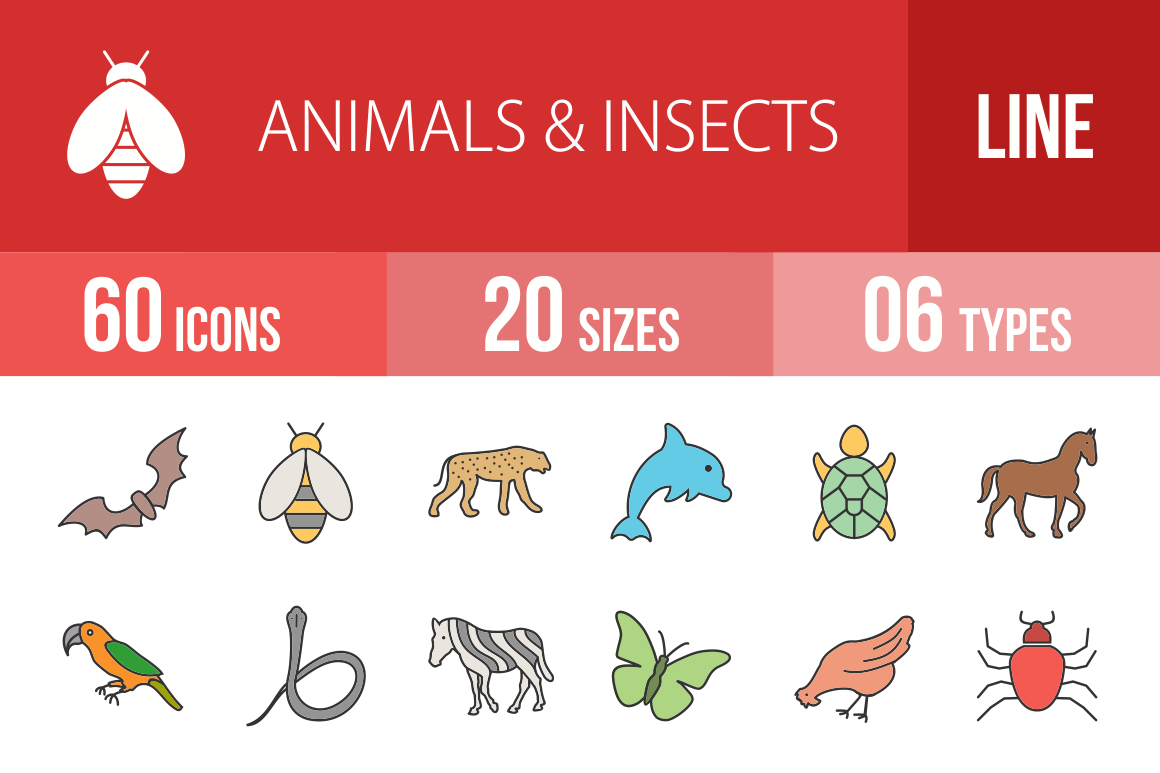 60 Animals & Insects Line Multicolor Filled Icons - Overview - IconBunny