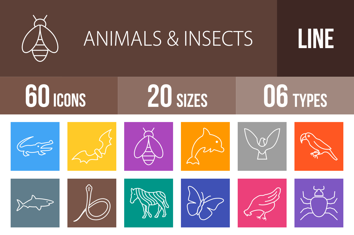 60 Animals & Insects Line Multicolor B/G Icons - Overview - IconBunny