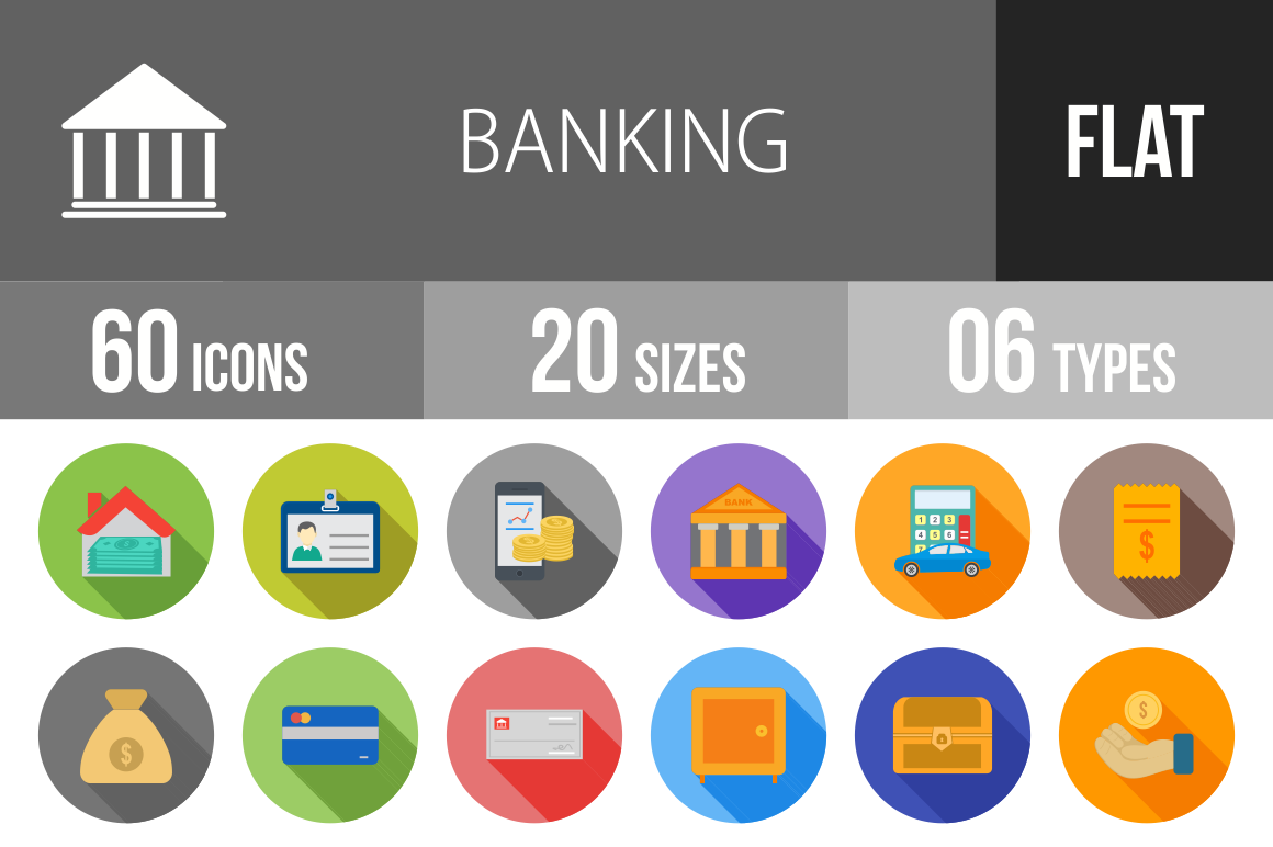 60 Banking Flat Shadowed Icons - Overview - IconBunny