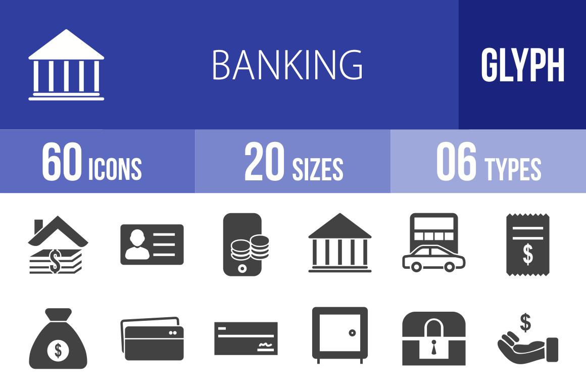 60 Banking Glyph Icons - Overview - IconBunny