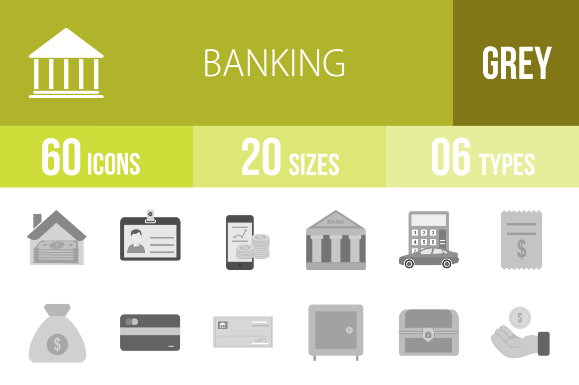 60 Banking Greyscale Icons - Overview - IconBunny