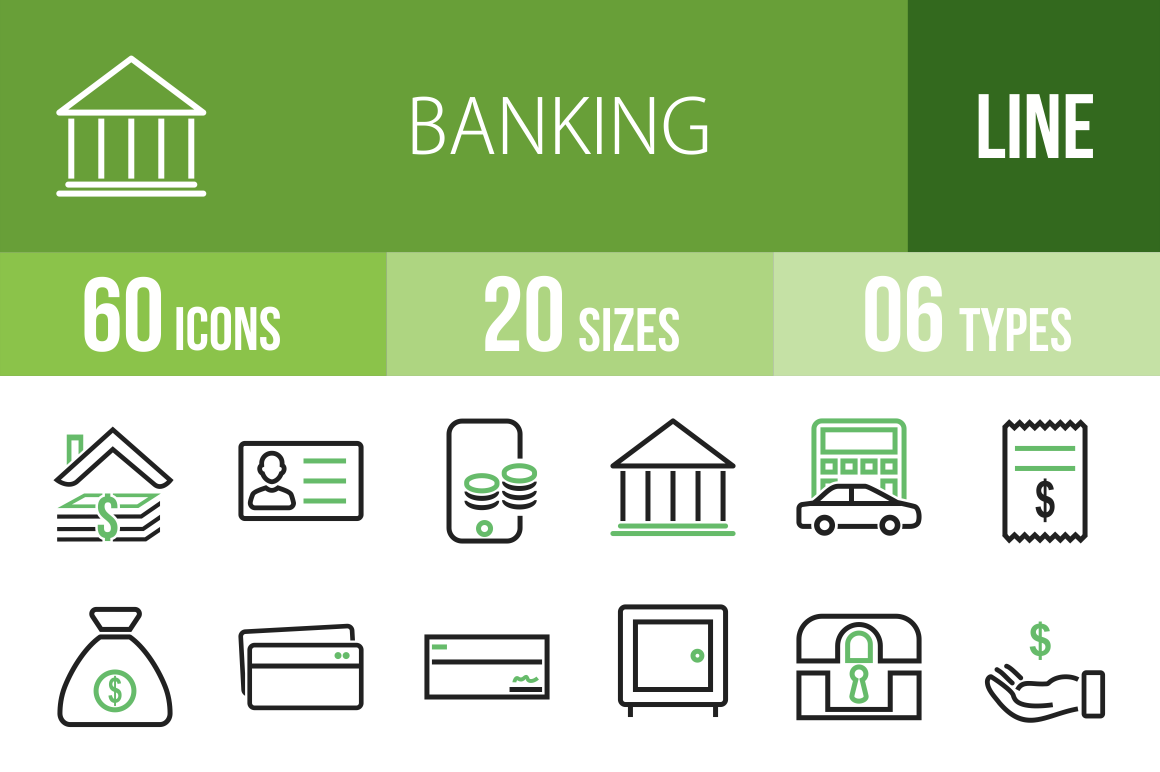 60 Banking Line Green & Black Icons - Overview - IconBunny