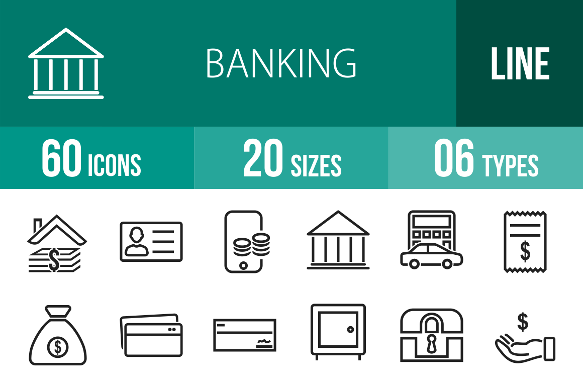 60 Banking Line Icons - Overview - IconBunny