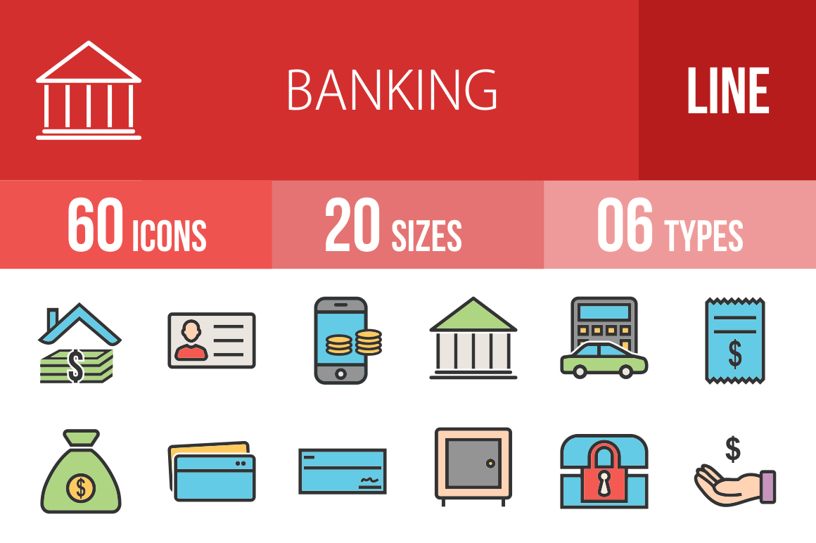 60 Banking Line Multicolor Filled Icons - Overview - IconBunny