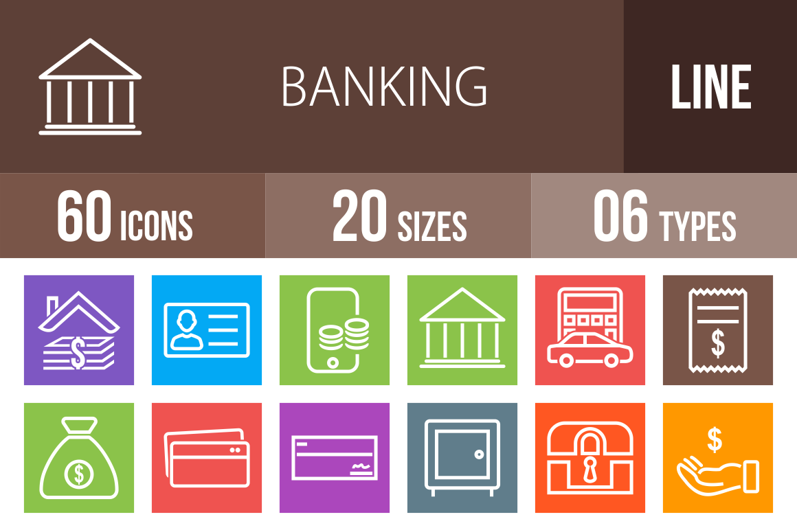 60 Banking Line Multicolor B/G Icons - Overview - IconBunny
