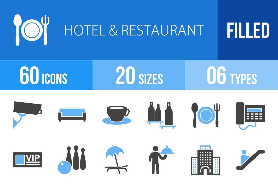 60 Hotel & Restaurant Blue Black Icons - Overview - IconBunny