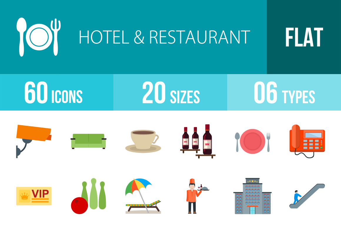 60 Hotel & Restaurant Flat Multicolor Icons - Overview - IconBunny