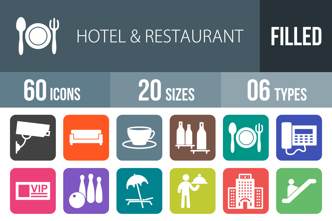 60 Hotel & Restaurant Flat Round Corner Icons - Overview - IconBunny