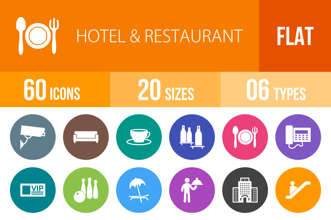 60 Hotel & Restaurant Flat Round Icons - Overview - IconBunny