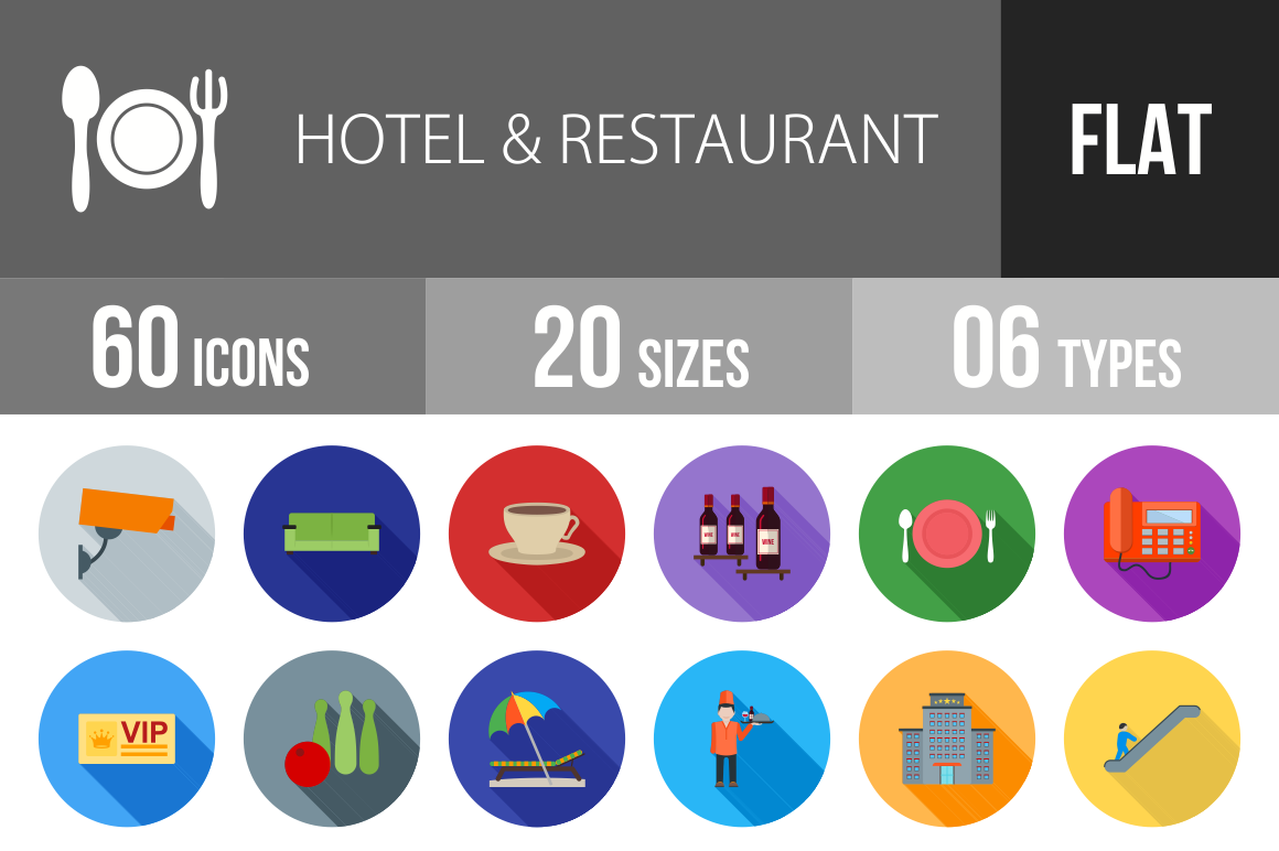 60 Hotel & Restaurant Flat Shadowed Icons - Overview - IconBunny