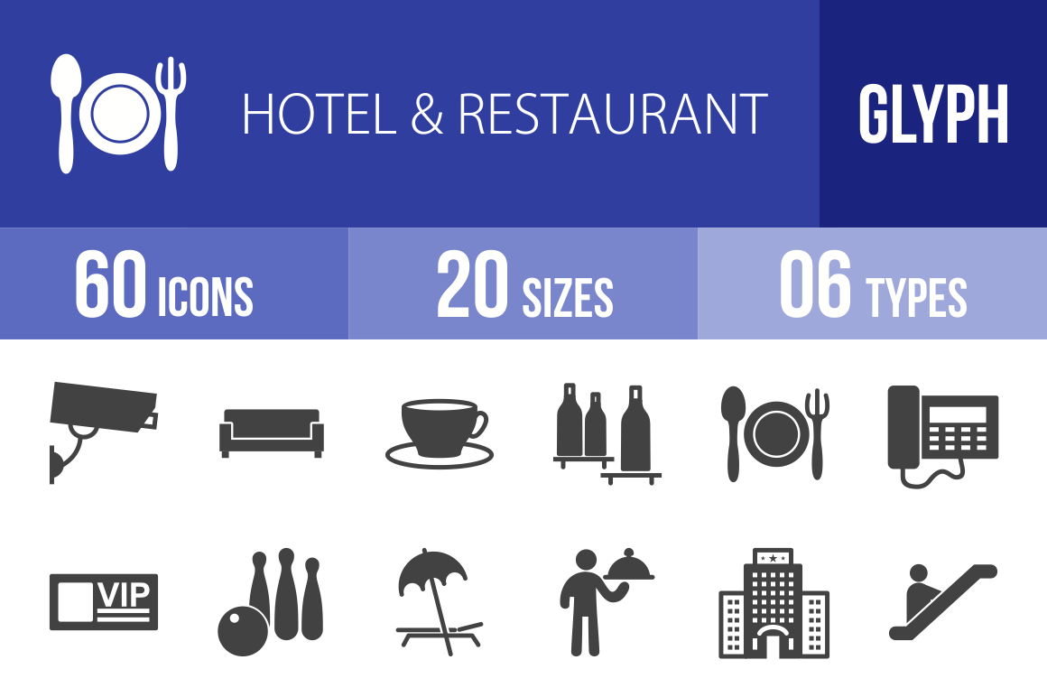 60 Hotel & Restaurant Glyph Icons - Overview - IconBunny